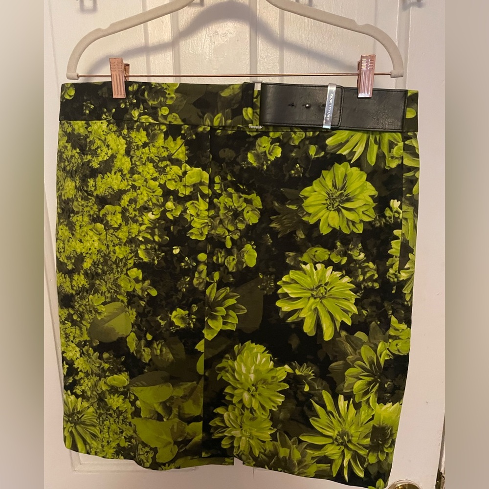 Michael Kors Black Cotton Skirt with Green Floral Design size 14